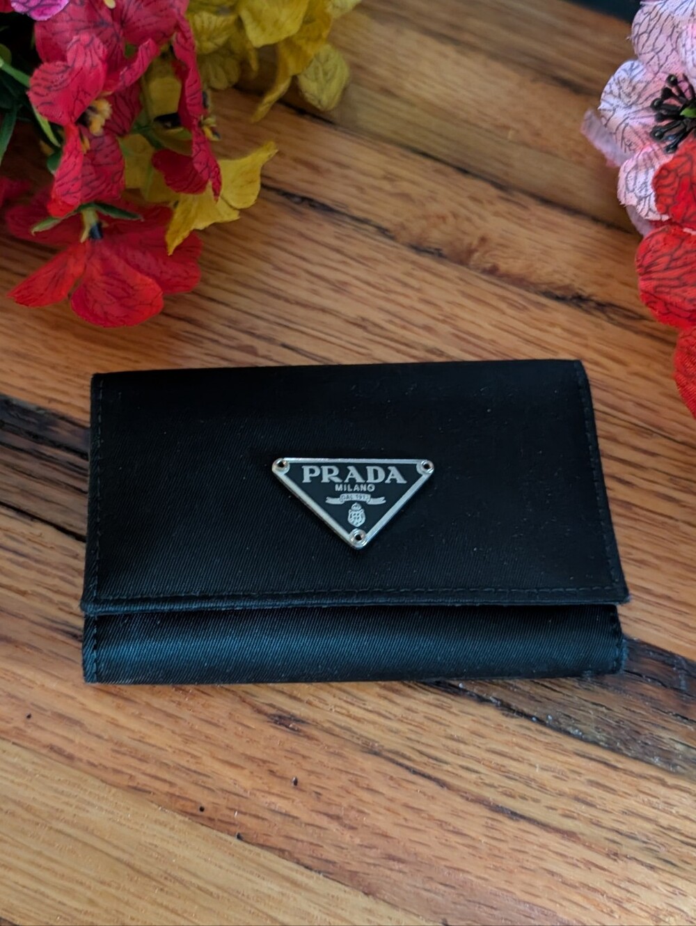 Prada Black Tessuto Key & Card Holder with Metal Logo